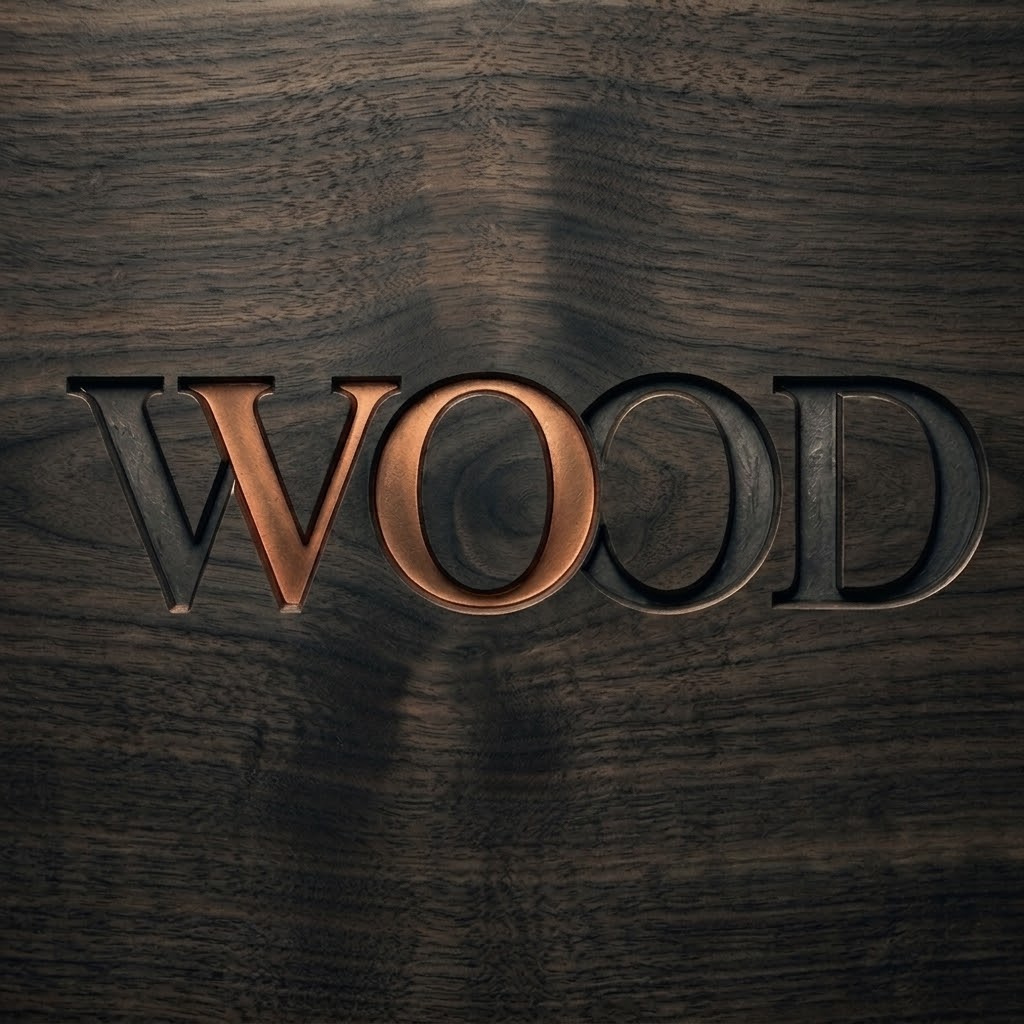 The WOOD wordmark carved into dark walnut with copper-toned inlaid letters